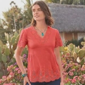 Sundance Orange Lace Trim V Neck Short Sleeve Top Size Medium